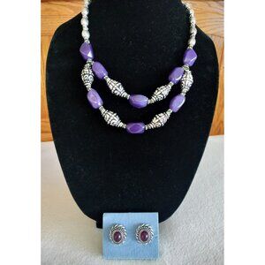 Avon Vintage Necklace Earrings Set Bold Amethyst Button Silver Cabochon Purple 3